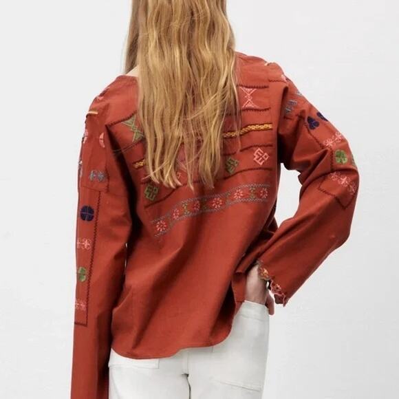 ZARA Embroidered Cotton Blouse in Terracotta Orange    Size: XS - Picture 2 of 6